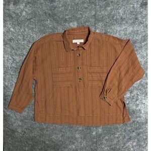 LOFT Crop Shirt Top Womens MP Rust Brown 100% Cotton High Low Embroidered Floral
